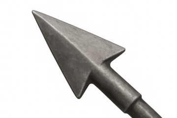 Metal arrow head weapon showing sharp blade, ancient hunting tool with pointed tip, transparent background