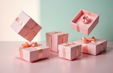 Obraz premium Woman presents pink gift boxes with ribbons and bows on pastel background