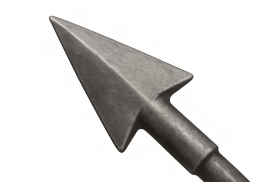 Metal arrow head weapon showing sharp blade, ancient hunting tool with pointed tip, transparent background