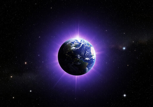 Mysterious earth glowing with purple light in the vast darkness of space with distant stars