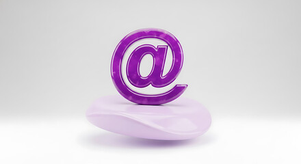 Purple at sign on a white cube isolated on white background