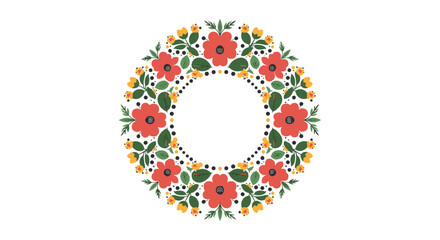 Floral Wreath with Red Flowers and Green Leaves.