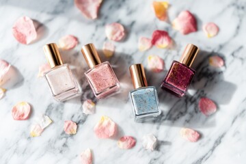 Four bottles of sparkling cosmetic lacquer arranged on a white stone surface with scattered flower petals