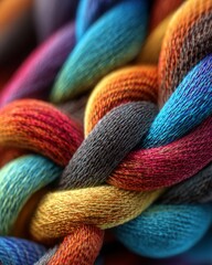 Close up view of tightly woven strands showcasing vibrant, mixed colors in intricate detail