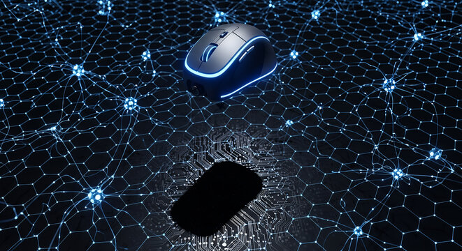 Futuristic computer mouse illuminated with glowing blue light hovering over a digital network grid with abstract data streams - Powered by Adobe