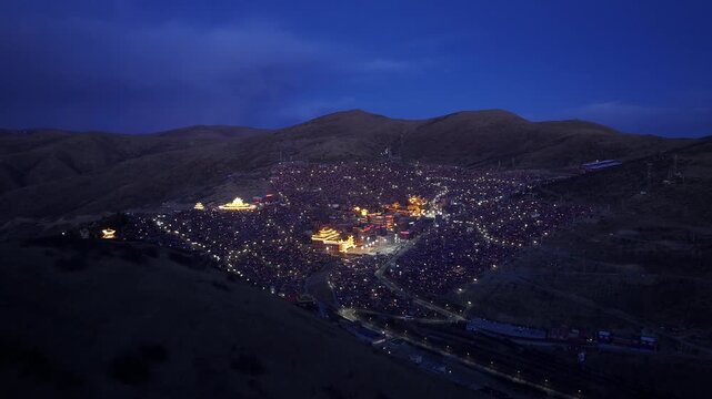 Night Aerial View of Larung Gar Buddhist Academy in Sertar, Sichuan, China