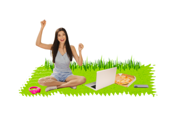 Composite photo collage of happy girl sit green grass weekend picnic headphones macbook device pizza food isolated on painted background