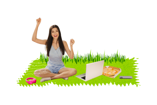 Composite photo collage of happy girl sit green grass weekend picnic headphones macbook device pizza food isolated on painted background