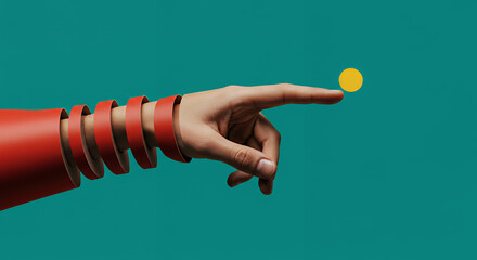 Hand with Red Bracelets Touching Yellow Dot on Blue Background