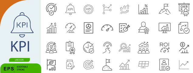 KPI Icon Set – Symbols of Business Metrics, Performance Tracking, and Strategic Analysis