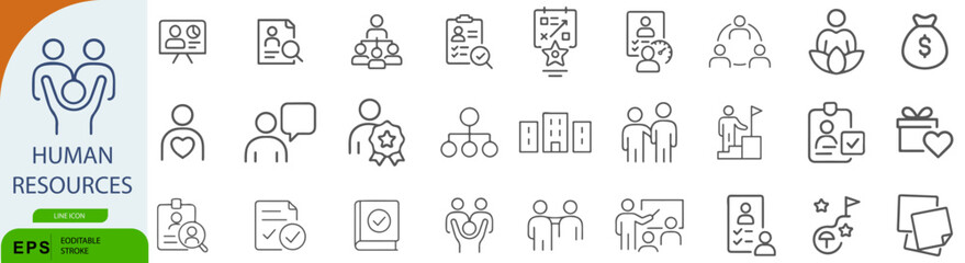 Human Resources Icon Set – Symbols of Recruitment, Team Management, and Employee Development