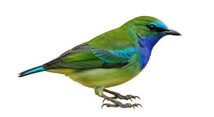 Fototapeta premium A colorful bird with vibrant green and blue feathers standing on a white background with its claws visible.