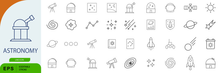 Astronomy Icon Set – Symbols of Celestial Objects, Space Exploration, and Scientific Observation