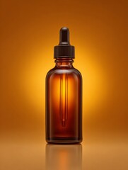 Amber glass dropper bottle stands centered against a vibrant golden background