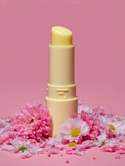 Uncapped cosmetic product rests surrounded by vibrant pink and white floral petals