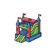 Naklejka premium A vibrant cartoon illustration of a bouncy castle featuring a slide, turrets, and flags, designed for children's play and entertainment.