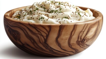 Wooden bowl with thick sauce sprinkled with herbs and spices.
Suitable for cookery websites, articles about healthy eating, advertising of kitchen utensils and natural products.
