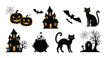 Fototapeta premium Halloween Icons - Pumpkins, Cats, Bats, Haunted Houses, and More.