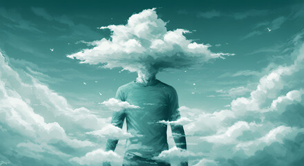 Surreal Human Figure with Cloud Head in Dreamlike Sky Scene