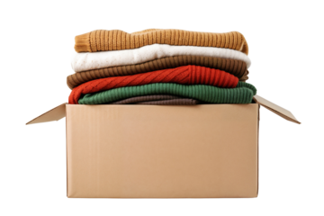 Warm Clothing Donation Box – Sweaters and Scarves Overflowing from Cardboard Box Isolated