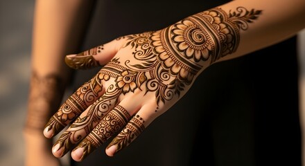 Intricate henna design adorns a hand, showcasing traditional artistry and cultural beauty with delicate floral patterns and elegant swirls