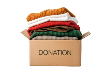 Warm Clothing Donation Box – Sweaters and Scarves Overflowing from Cardboard Box Isolated