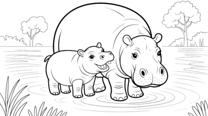 A heartwarming scene of a mother hippopotamus with her baby in a serene water landscape illustration