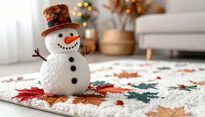 A cheerful snowman decoration with a carrot nose and autumn hat stands on a festive rug with colorful leaves indoors.