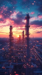 Sunset over an industrial plant with illuminated pipes and complex network of utilities, sky in pink and blue colours.
Suitable for discussing industrial landscapes, the impact  