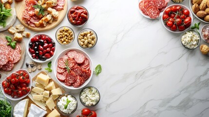 A variety of snacks on a marble table: cheeses, sausages, nuts, tomatoes, olives and sauces.
Great for cookery magazines, product adverts, healthy eating articles and gastronomy blogs.