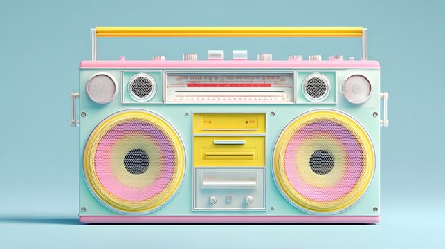 Brightly colored portable stereo music player rests against a light blue background