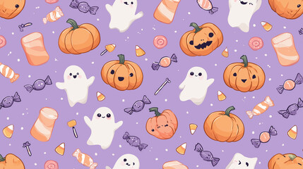 Cute Halloween Pattern With Pumpkins Ghosts And Candies On Purple Background - Seamless Design