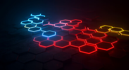 Colorful Neon Hexagon Pattern on Transparent Background for Technology and Futuristic Designs