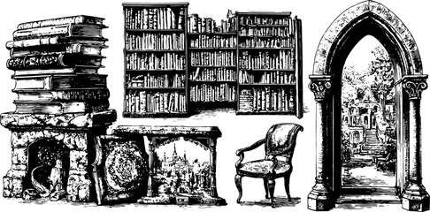Engravings of books and antique furniture. Hand-drawn vector illustrations of a set in a library, featuring a chair, table, and bookshelf in vintage style.