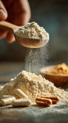 Macro shot of protein powder with enzyme capsules, soft natural lighting, enhanced nutrient absorption theme