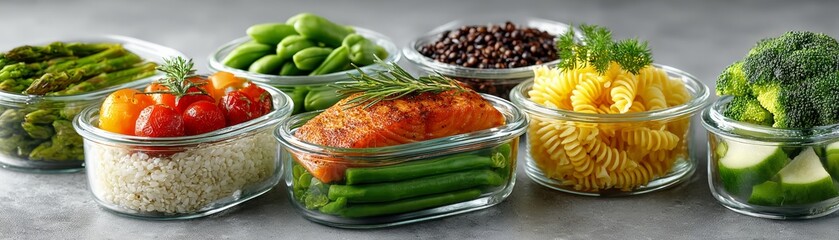 Colorful array of weekly fitness meal prep containers, lean proteins, grains, and vegetables, bright clean kitchen, healthy lifestyle concept