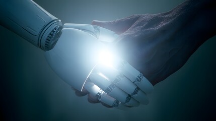 Fototapeta premium Human and artificial intelligence grasp hands in a bright symbol of partnership and collaboration