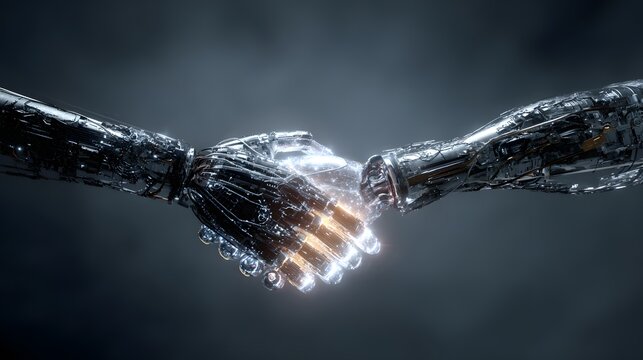 Intricate mechanical arms connect in a glowing digital handshake
