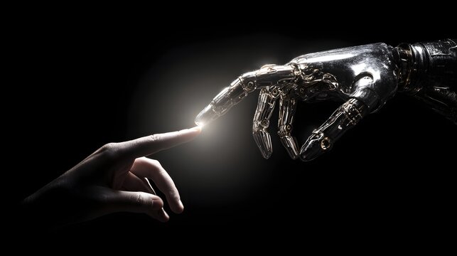 Human and mechanical fingers touch, creating a bright light source against a dark background