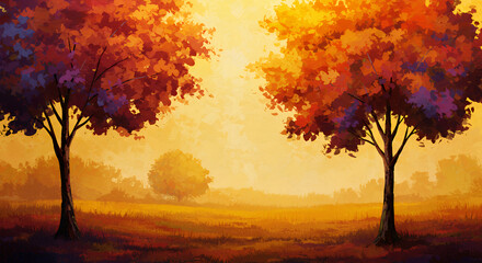 Autumn Landscape with Colorful Trees and Warm Sunset Light