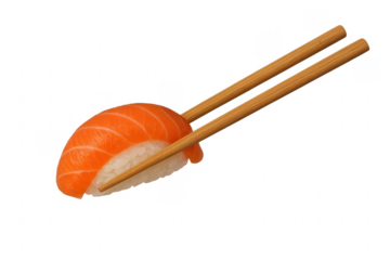 Nigiri sushi with salmon being held by chopsticks