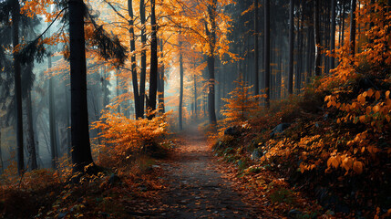 Obraz premium Autumn Forest Path in Morning Fog with Golden Leaves Creating a Tranquil Trail