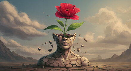 Surreal Cracked Stone Bust with Red Flower Growing Out of Head in Dreamlike Landscape