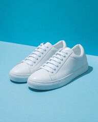 Classic white leather athletic footwear rests on a contrasting bright blue surface