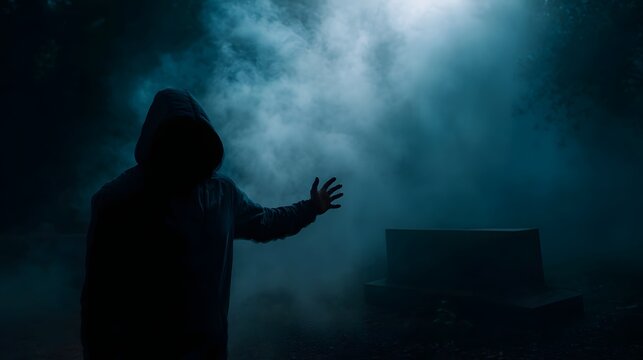 A silhouetted hooded figure stands in a dark misty forest reaching out towards a tombstone creating an eerie mysterious atmosphere