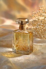 Ornate glass fragrance bottle rests upon luxurious silk fabric with delicate floral accents