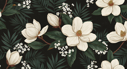 Elegant White Magnolia Flowers with Green Leaves and Tiny White Blossoms on Transparent Background