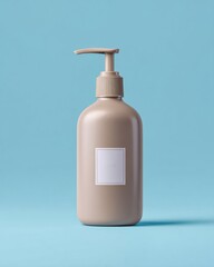 Simple beige dispenser bottle stands centered against a bright blue background