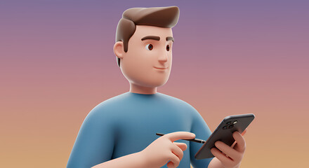 Cartoon Young Man Using Smartphone with Stylus in Gradient Background