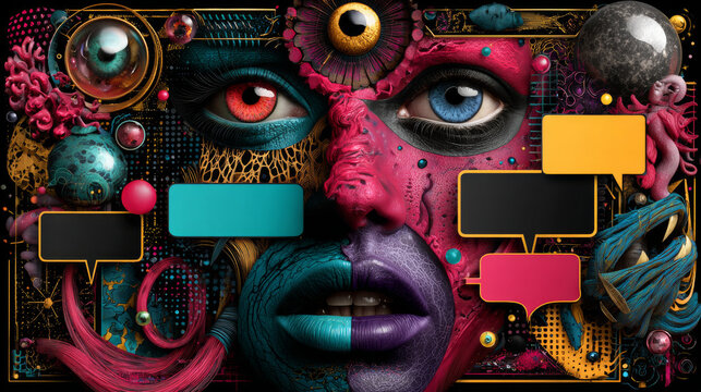 Abstract futuristic comic shapes with eyes, frame, textbox in trendy retro Groovy, Y2K style, Vintage. Colored isolated on black background label, sticker, elements. Flat Vector Illustration EPS10